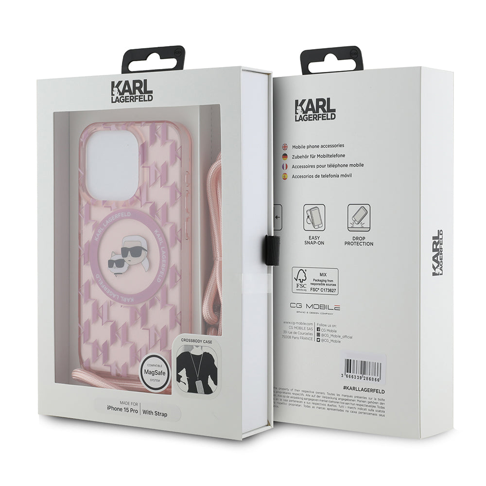 Husa de protectie Karl Lagerfeld IML Crossbody MagSafe (KLHMP15LHCKCKLCP) compatibil cu iPhone 15 Pro, Roz Monogram Karl&Choupette Head