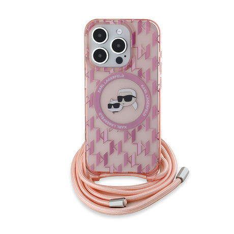 Husa de protectie Karl Lagerfeld IML Crossbody MagSafe (KLHMP15LHCKCKLCP) compatibil cu iPhone 15 Pro, Roz Monogram Karl&Choupette Head