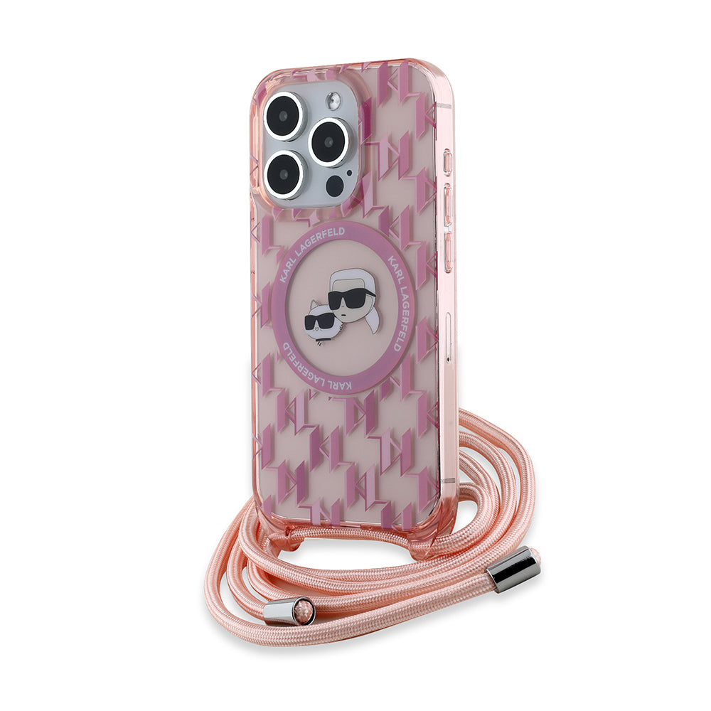 Husa de protectie Karl Lagerfeld IML Crossbody MagSafe (KLHMP15LHCKCKLCP) compatibil cu iPhone 15 Pro, Roz Monogram Karl&Choupette Head