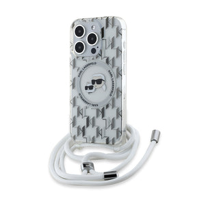 Husa de protectie Karl Lagerfeld IML Crossbody MagSafe (KLHMP15LHCKCKLCT) compatibil cu iPhone 15 Pro, Transparent Monogram Karl&Choupette Head