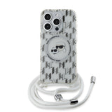 Husa de protectie Karl Lagerfeld IML Crossbody MagSafe (KLHMP15LHCKCKLCT) compatibil cu iPhone 15 Pro, Transparent Monogram Karl&Choupette Head
