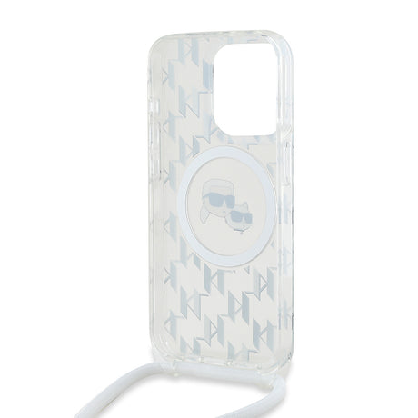 Husa de protectie Karl Lagerfeld IML Crossbody MagSafe (KLHMP15LHCKCKLCT) compatibil cu iPhone 15 Pro, Transparent Monogram Karl&Choupette Head