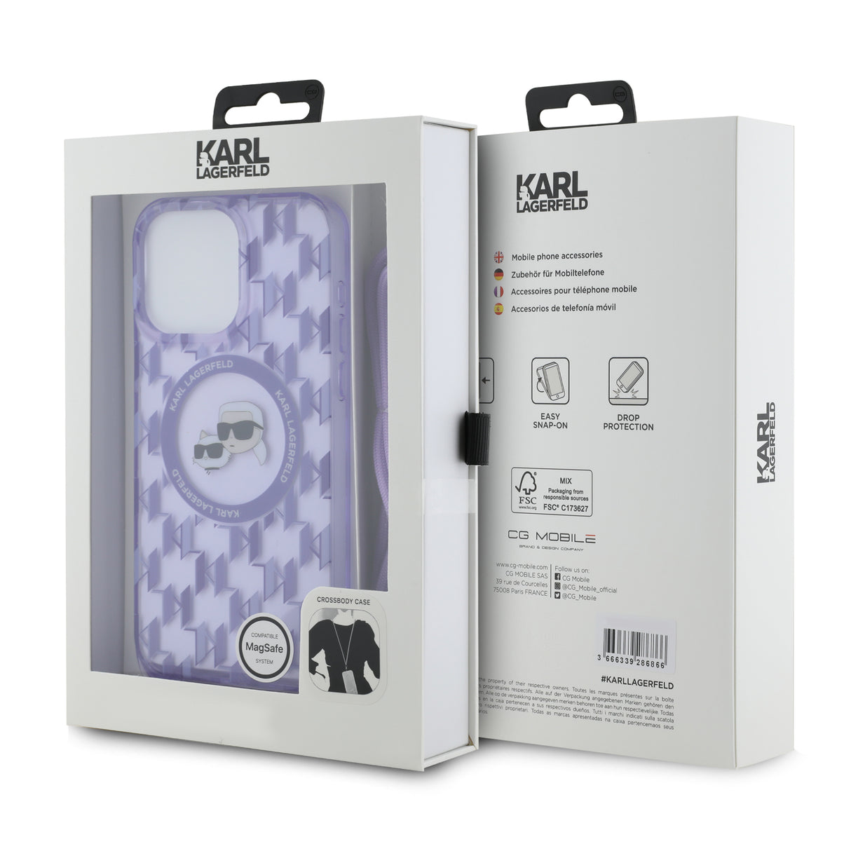 Husa de protectie Karl Lagerfeld IML Crossbody MagSafe (KLHMP15LHCKCKLCU) compatibil cu iPhone 15 Pro, Mov Monogram Karl&Choupette Head