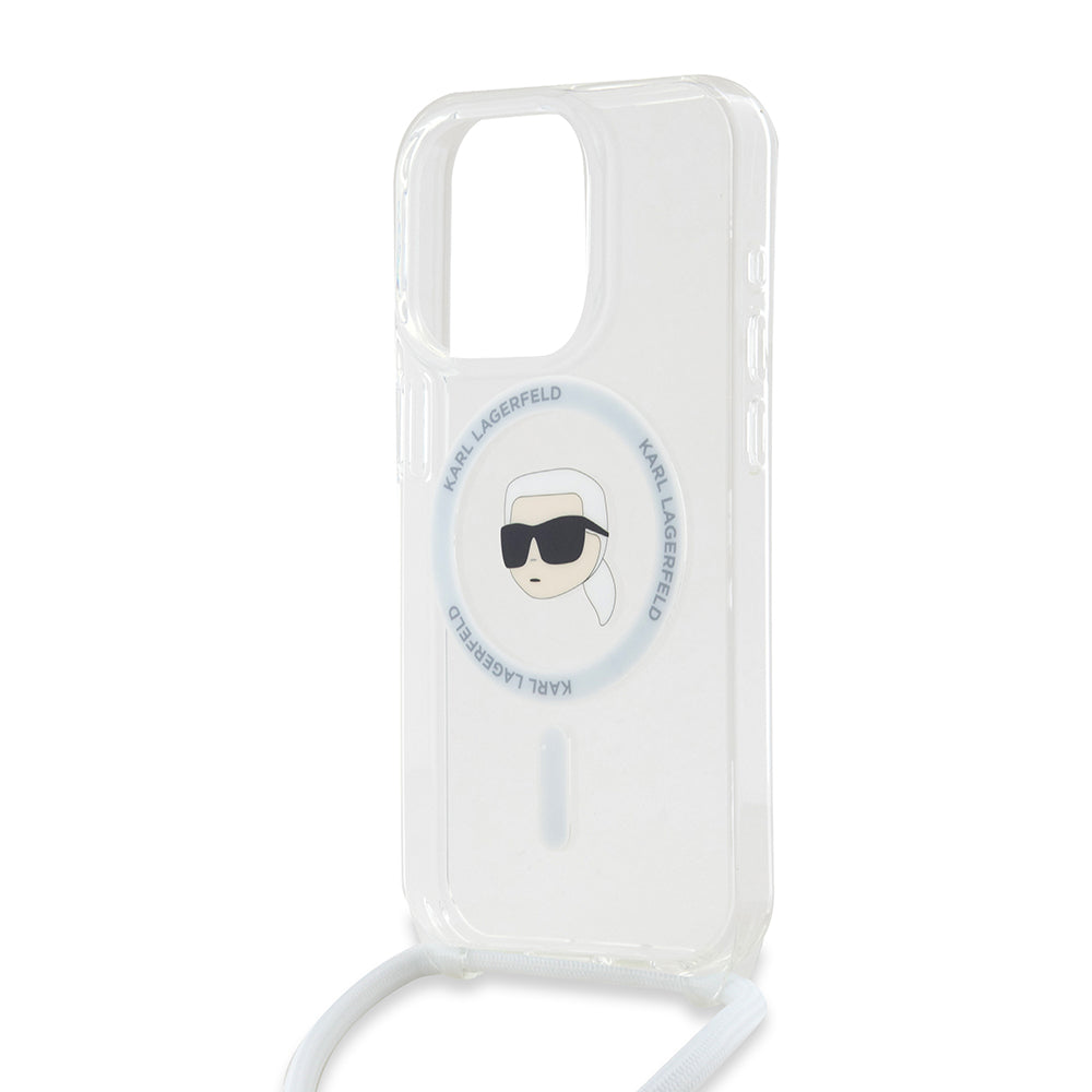 Husa de protectie Karl Lagerfeld IML Crossbody MagSafe (KLHMP15LHCKHNT) compatibil cu iPhone 15 Pro, Transparent Karl Head