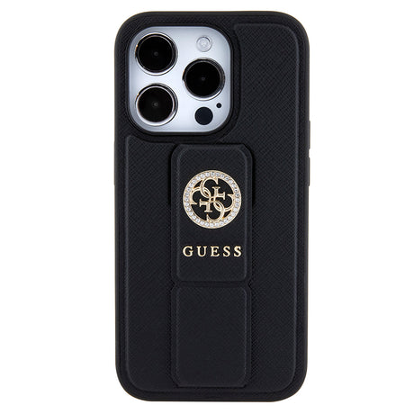 Husa de protectie Guess Grip Stand 4G Saffiano Strass compatibil cu iPhone 15 Pro Max (GUHCP15XPGSSADK), Negru