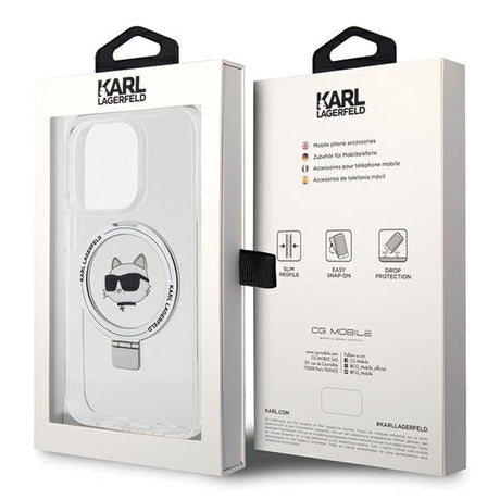 Husa de protectie Karl Lagerfeld Hardcase Ring Stand MagSafe (KLHMP15XHMRSCHH) compatibil cu iPhone 15 Pro Max, Alb Choupette Head