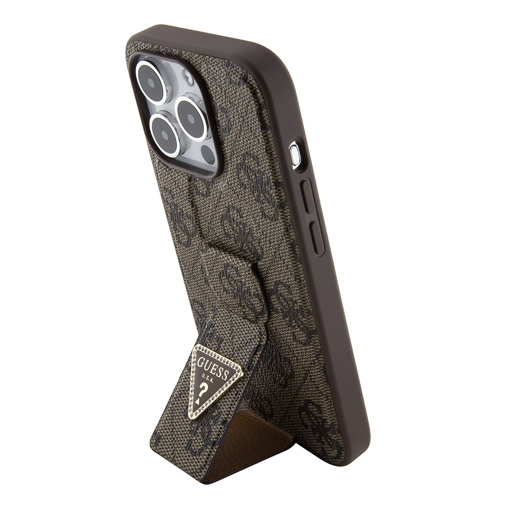 Husa de protectie Guess Grip Stand 4G Triangle Strass (GUHCP15LPGS4TDW) compatibil cu iPhone 15 Pro, Maro