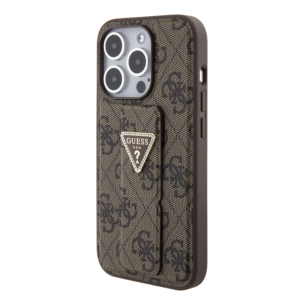 Husa de protectie Guess Grip Stand 4G Triangle Strass (GUHCP15LPGS4TDW) compatibil cu iPhone 15 Pro, Maro