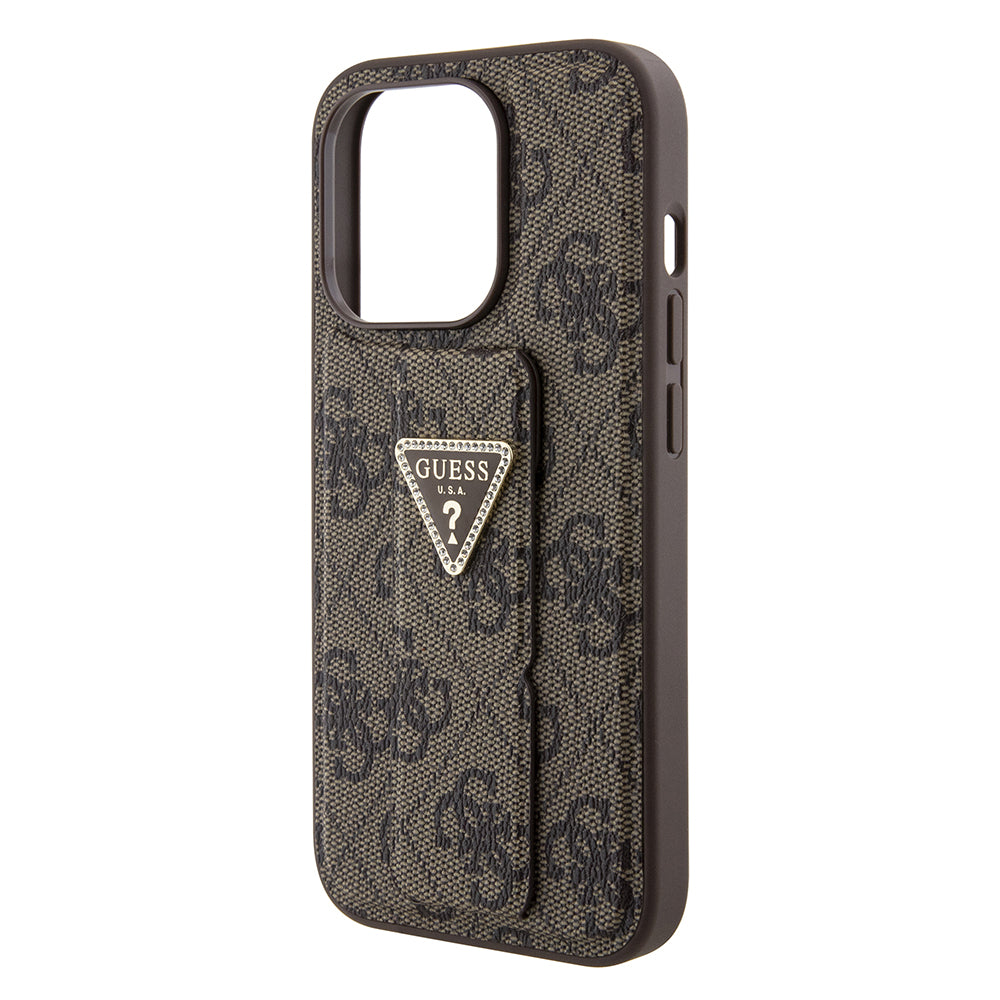 Husa de protectie Guess Grip Stand 4G Triangle Strass (GUHCP15LPGS4TDW) compatibil cu iPhone 15 Pro, Maro