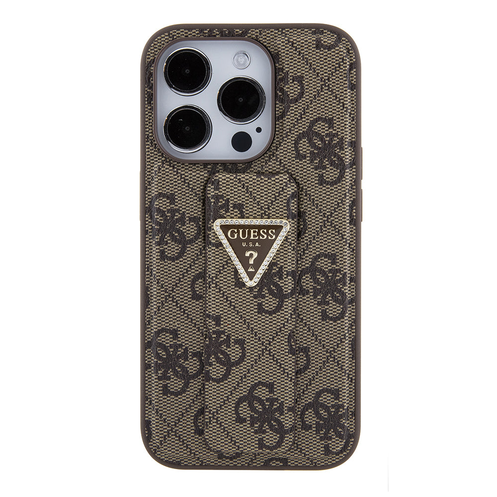 Husa de protectie Guess Grip Stand 4G Triangle Strass (GUHCP15LPGS4TDW) compatibil cu iPhone 15 Pro, Maro