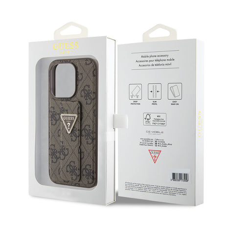 Husa de protectie Guess Grip Stand 4G Triangle Strass (GUHCP15LPGS4TDW) compatibil cu iPhone 15 Pro, Maro