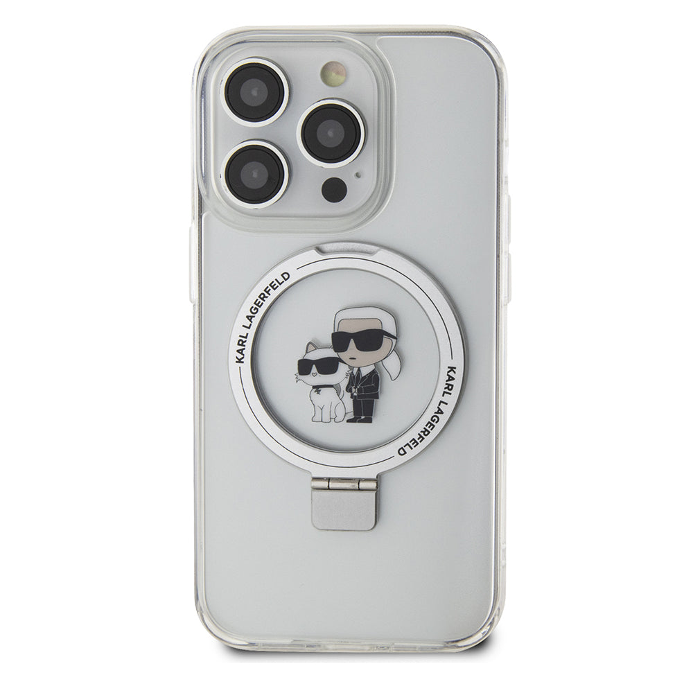 Husa de protectie Karl Lagerfeld Hardcase Ring Stand MagSafe (KLHMP15LHMRSKCH) compatibil cu iPhone 15 Pro, Alb Karl&Choupette