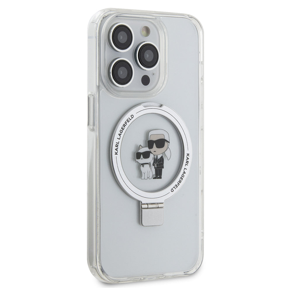 Husa de protectie Karl Lagerfeld Hardcase Ring Stand MagSafe (KLHMP15LHMRSKCH) compatibil cu iPhone 15 Pro, Alb Karl&Choupette