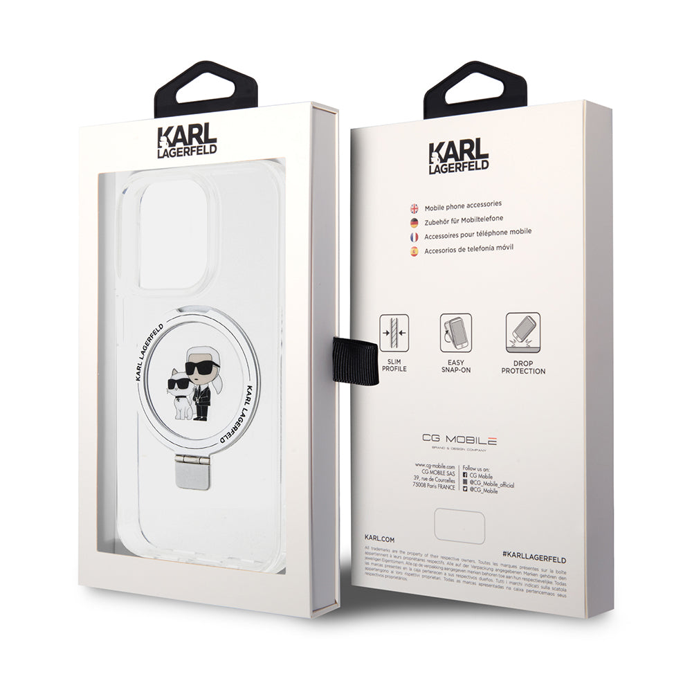 Husa de protectie Karl Lagerfeld Hardcase Ring Stand MagSafe (KLHMP15LHMRSKCH) compatibil cu iPhone 15 Pro, Alb Karl&Choupette