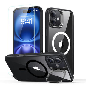 Folie de protectie ESR Classic Hybrid HaloLock Kickstand + Tempered Glass compatibil cu iPhone 16 Plus, Transparent Black