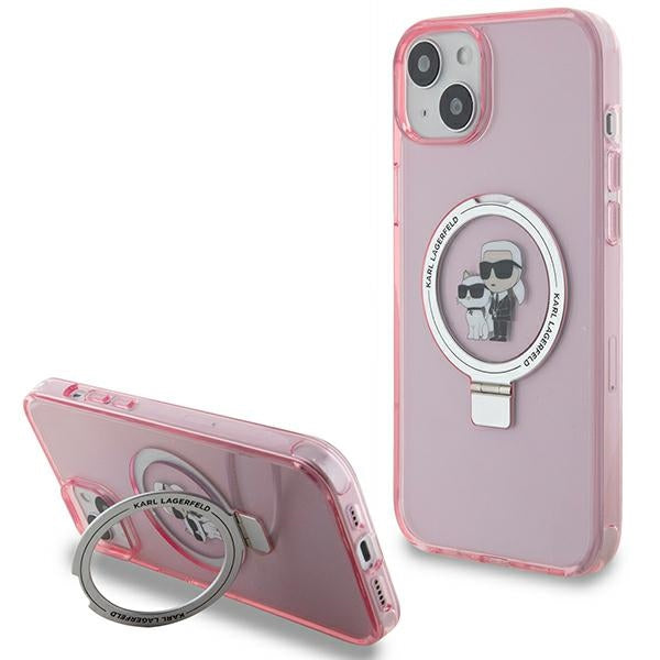 Husa de protectie Karl Lagerfeld Hardcase Ring Stand MagSafe (KLHMP15MHMRSKCP) compatibil cu iPhone 15 Plus, Roz Karl&Choupette