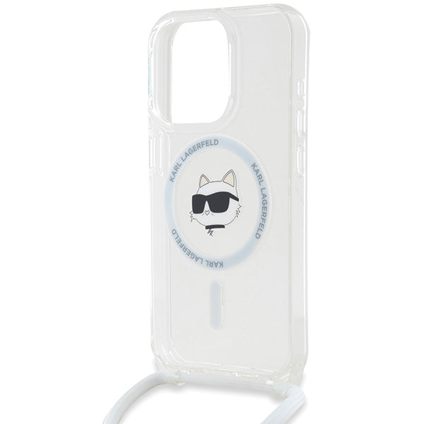 Husa de protectie Karl Lagerfeld IML Crossbody MagSafe (KLHMP15SLHCCHNT) compatibil cu iPhone 15 Pro, Transparent Choupette Head&Cord
