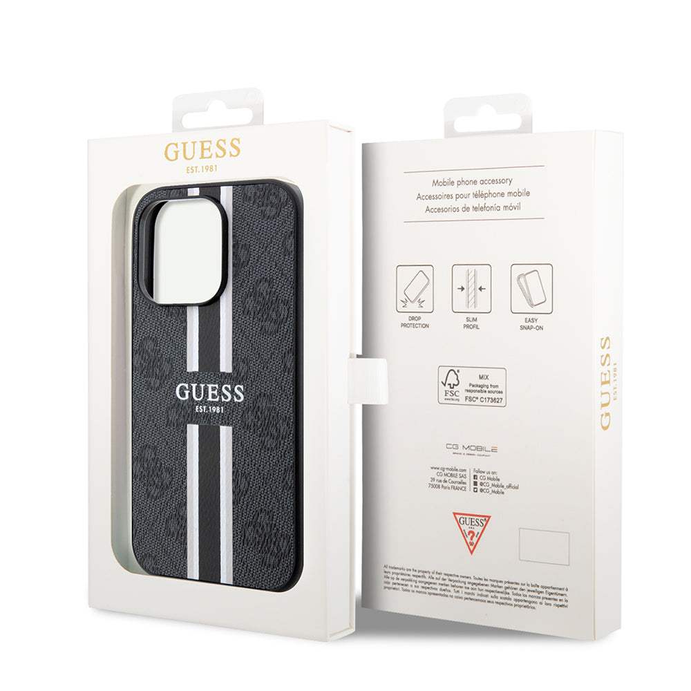 Husa de protectie Guess Hardcase 4G Printed Stripes MagSafe (GUHMP15XP4RPSK) compatibil cu iPhone 15 Pro Max, Negru