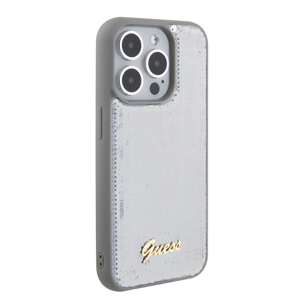 Husa de protectie Guess Sequin Script Metal (GUHCP15XPSFDGSS) compatibil cu iPhone 15 Pro Max, Argintiu