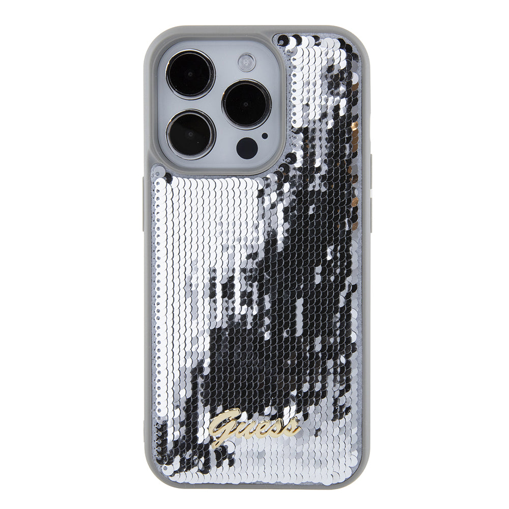 Husa de protectie Guess Sequin Script Metal (GUHCP15XPSFDGSS) compatibil cu iPhone 15 Pro Max, Argintiu
