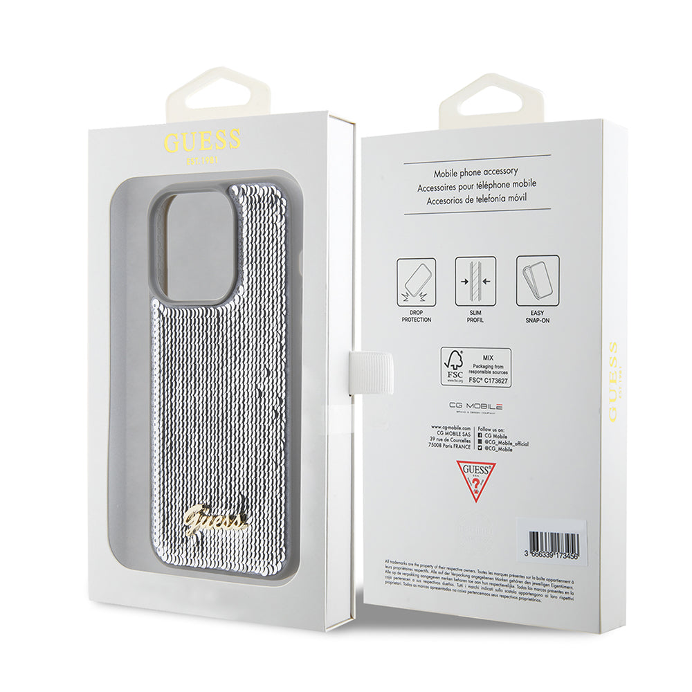 Husa de protectie Guess Sequin Script Metal (GUHCP15XPSFDGSS) compatibil cu iPhone 15 Pro Max, Argintiu