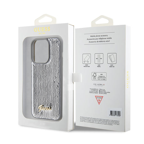 Husa de protectie Guess Sequin Script Metal (GUHCP15XPSFDGSS) compatibil cu iPhone 15 Pro Max, Argintiu