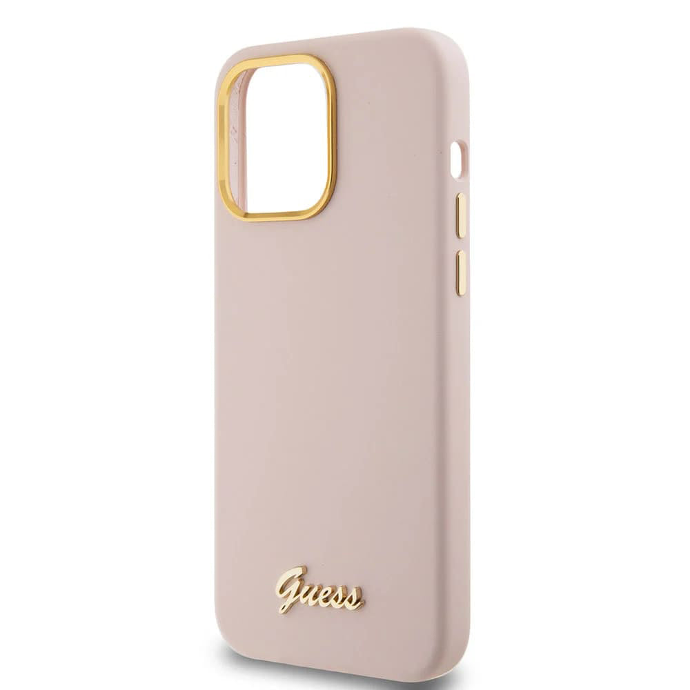 Husa de protectie Guess Silicone Script Metal Logo & Frame (GUHCP15LSMBSLP) compatibil cu iPhone 15 Pro, Roz Deschis