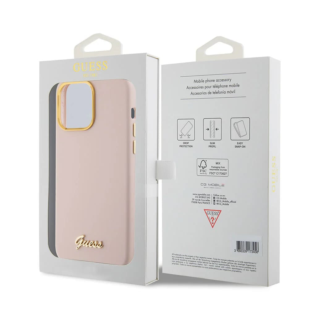 Husa de protectie Guess Silicone Script Metal Logo & Frame (GUHCP15LSMBSLP) compatibil cu iPhone 15 Pro, Roz Deschis