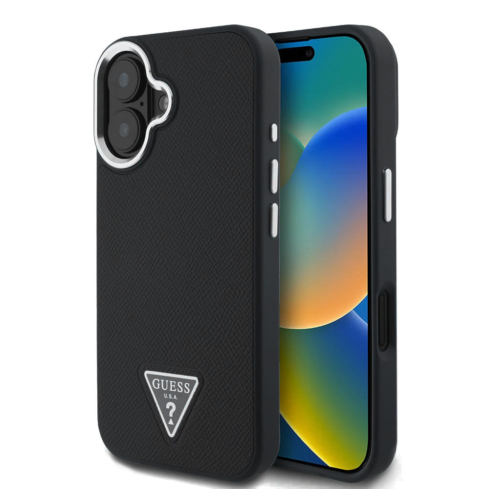 Husa de protectie Guess Grained Triangle MagSafe (GUHMP16SPGTSPSK) compatibil cu iPhone 16, Negru