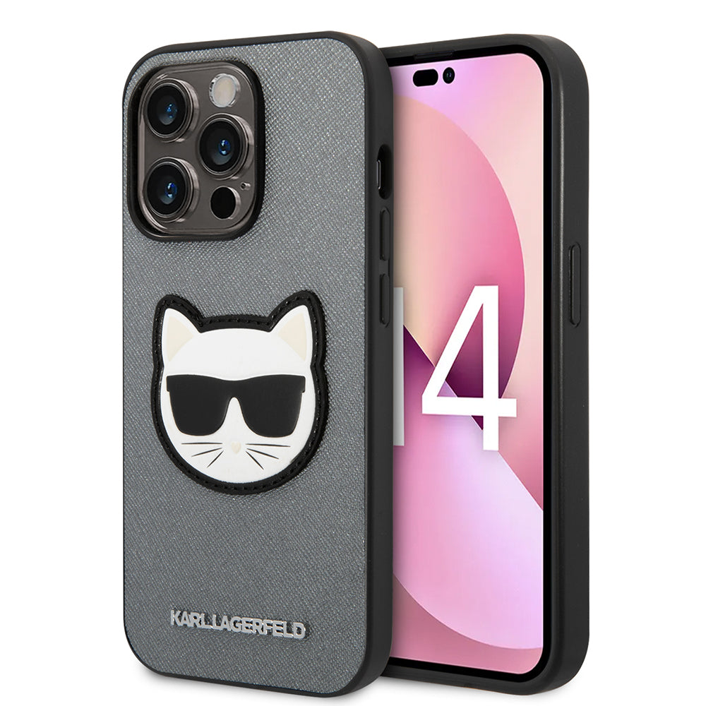 Husa de protectie Karl Lagerfeld Saffiano (KLHCP14LSAPCHG) compatibil cu iPhone 14 Pro, Argintiu Choupette Head