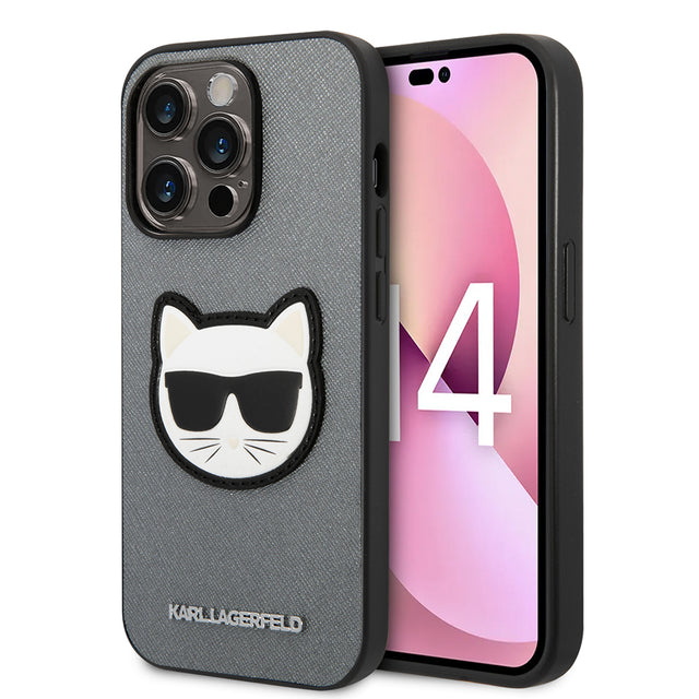 Husa de protectie Karl Lagerfeld Saffiano (KLHCP14LSAPCHG) compatibil cu iPhone 14 Pro, Argintiu Choupette Head
