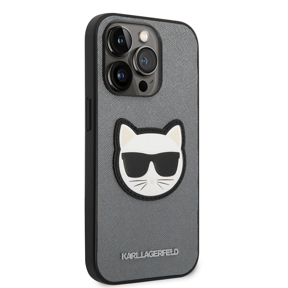 Husa de protectie Karl Lagerfeld Saffiano (KLHCP14LSAPCHG) compatibil cu iPhone 14 Pro, Argintiu Choupette Head
