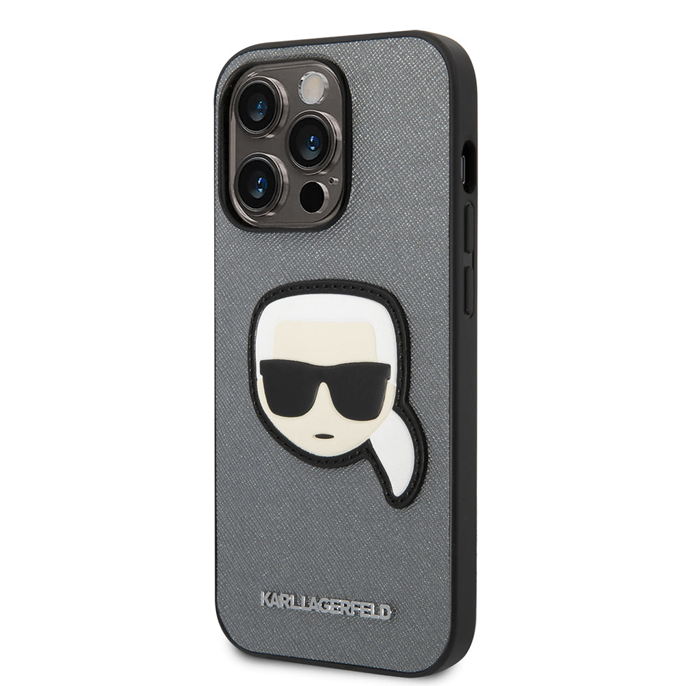 Husa de protectie Karl Lagerfeld Saffiano (KLHCP14LSAPKHG) compatibil cu iPhone 14 Pro, Argintiu Karl`S Head