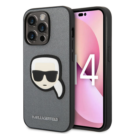 Husa de protectie Karl Lagerfeld Saffiano (KLHCP14LSAPKHG) compatibil cu iPhone 14 Pro, Argintiu Karl`S Head