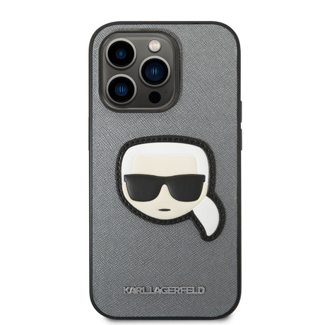 Husa de protectie Karl Lagerfeld Saffiano (KLHCP14LSAPKHG) compatibil cu iPhone 14 Pro, Argintiu Karl`S Head