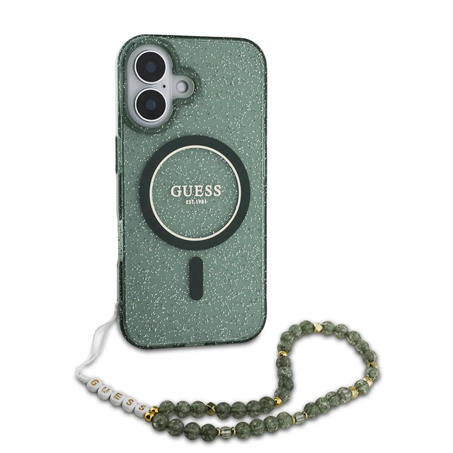 Husa de protectie Guess IML Glitter with Pearl Strap MagSafe (GUHMP16MHGCRELSA) compatibil cu iPhone 16 Plus, Verde
