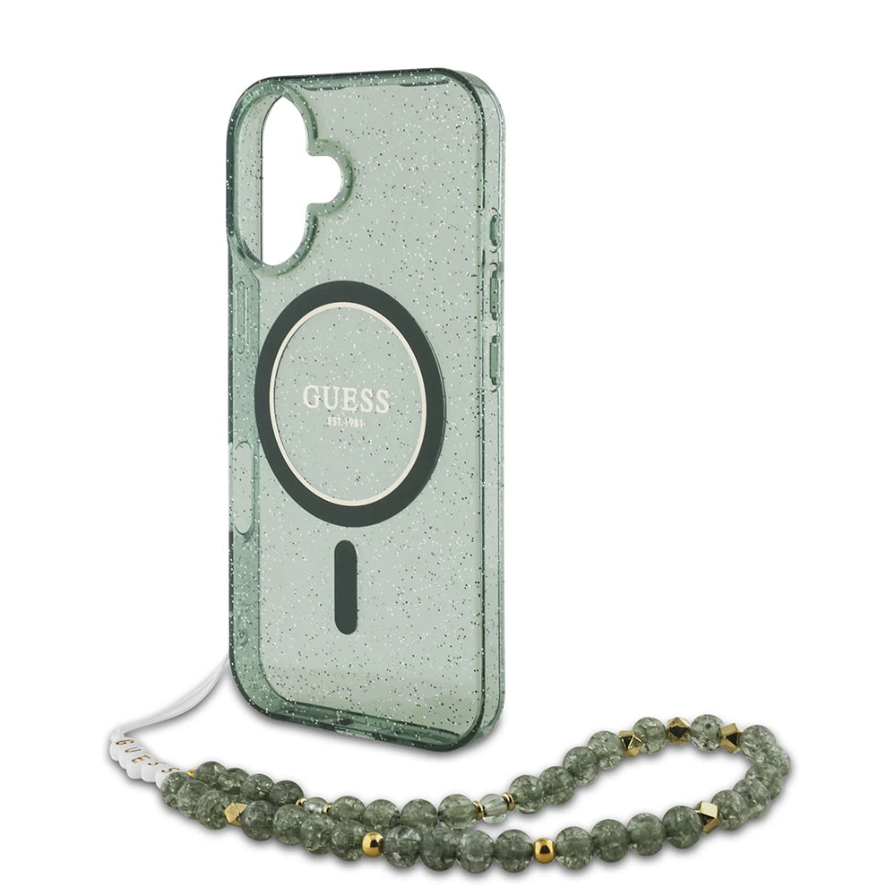 Husa de protectie Guess IML Glitter with Pearl Strap MagSafe (GUHMP16MHGCRELSA) compatibil cu iPhone 16 Plus, Verde