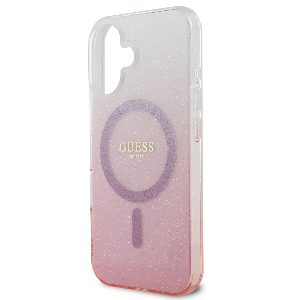 Husa de protectie Guess IML Glitter Gradient MagSafe (GUHMP16SHGRCELP) compatibil cu iPhone 16, Roz