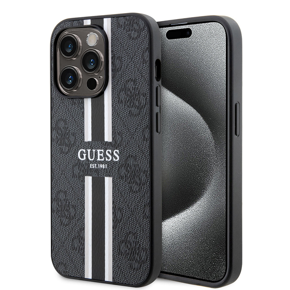 Husa de protectie Guess Hardcase 4G Printed Stripes MagSafe (GUHMP15XP4RPSK) compatibil cu iPhone 15 Pro Max, Negru