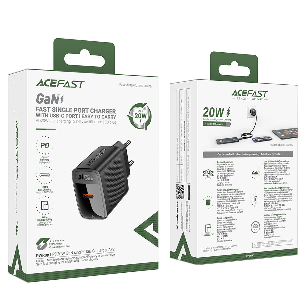 Incarcator Acefast (A82), Type-C, GaN Technology, PD20W, Supports Fast Charging, Negru