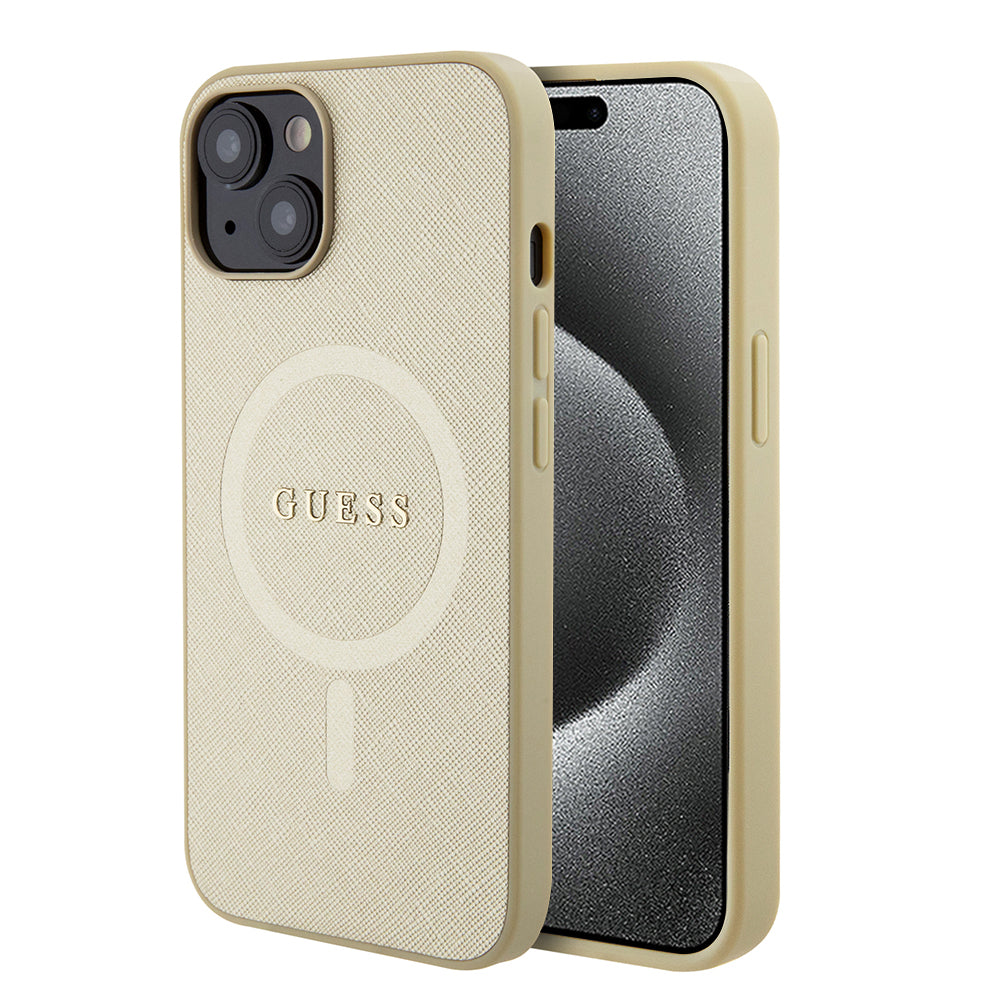 Husa de protectie Guess Saffiano MagSafe (GUHMP15MPSAHMCB) compatibil cu iPhone 15 Plus, Auriu