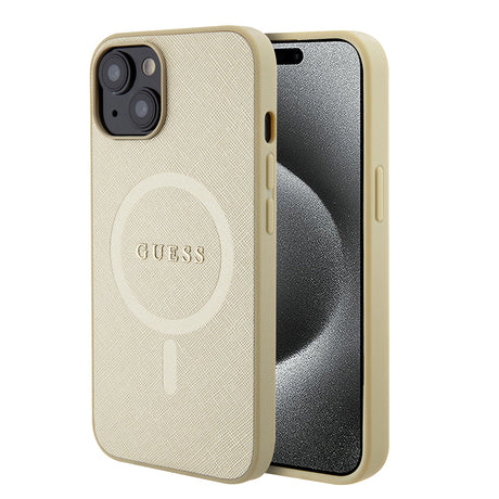 Husa de protectie Guess Saffiano MagSafe (GUHMP15MPSAHMCB) compatibil cu iPhone 15 Plus, Auriu