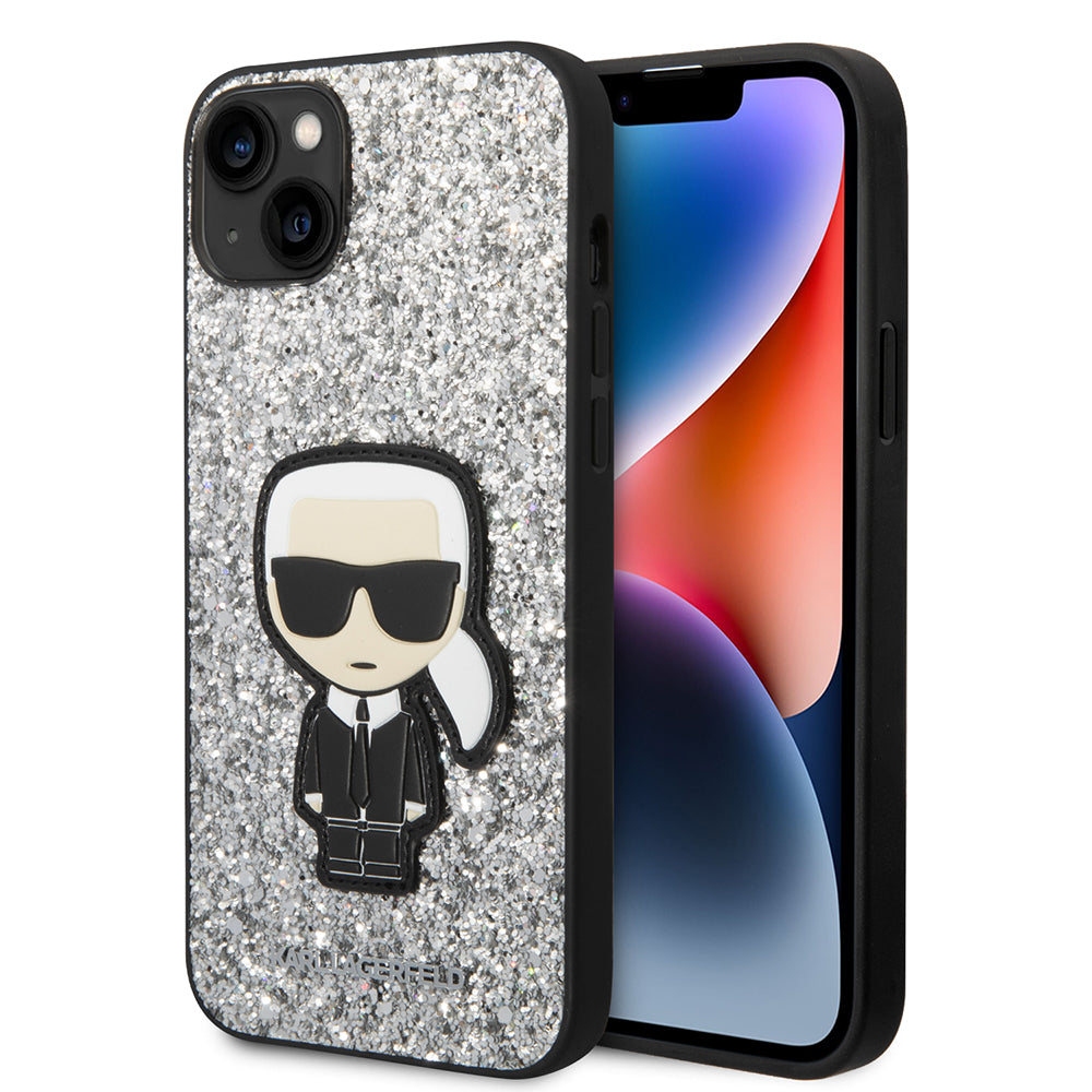 Husa de protectie Karl Lagerfeld Hardcase Glitter (KLHCP14MGFKPG) compatibil cu iPhone 14 Plus, Argintiu Flakes Ikonik
