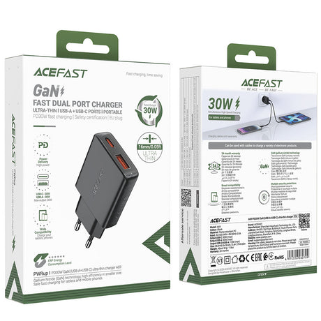 Incarcator Acefast (A69), Type-C / USB, PD30W, GaN, Negru