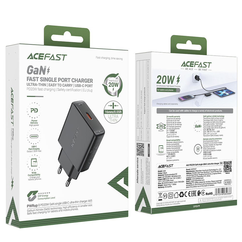 Incarcator Acefast (A65), Type-C, GaN Technology, 20W, Power Delivery, Negru