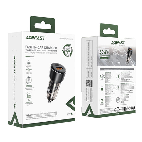 Incarcator Acefast Car (B12), Dual-port, Type-C, USB, Dual Fast Charging, 60W, Negru