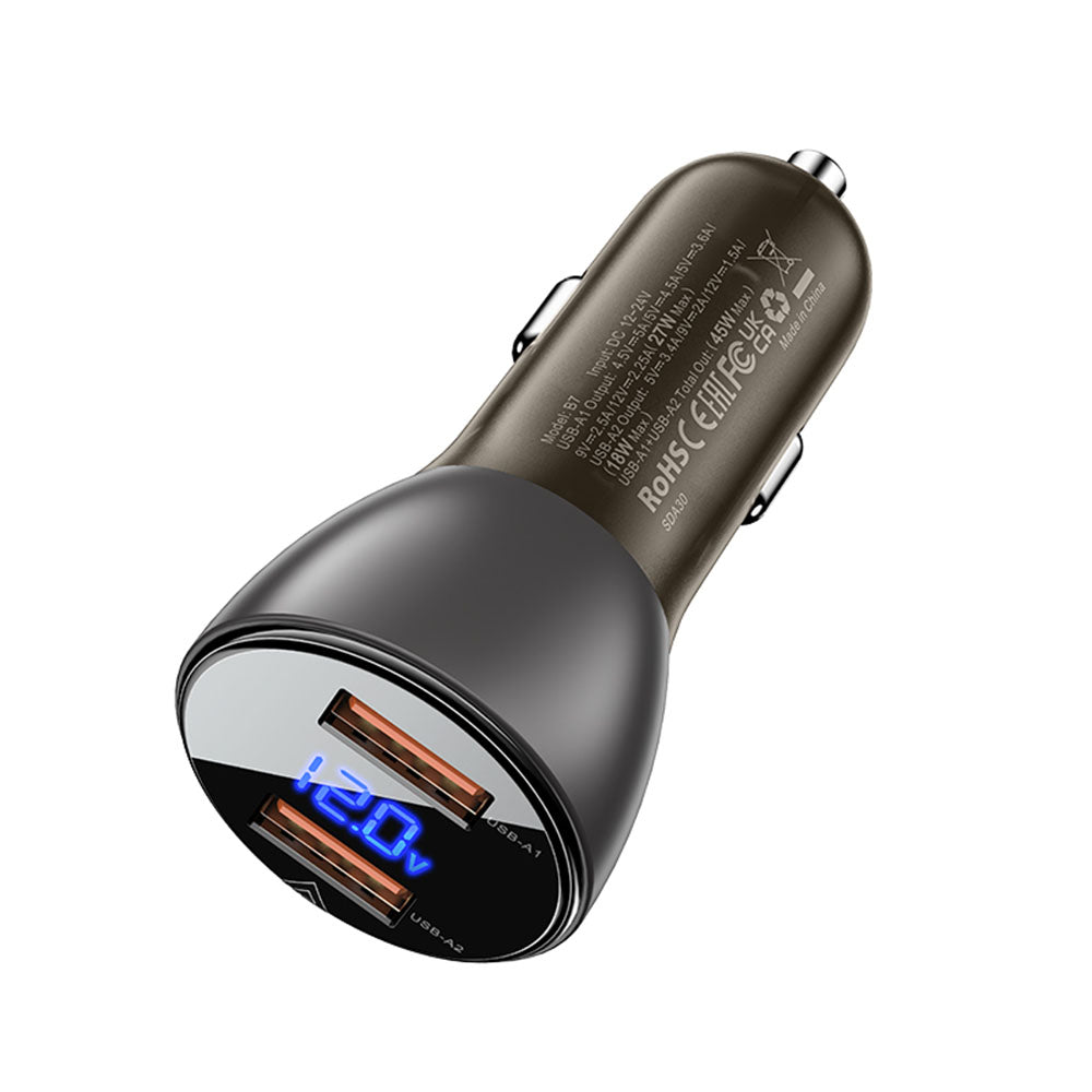 Incarcator Acefast Car (B7), 2x USB, 45W, Dual Fast Charging, with LED Digital Display, Transparent Black