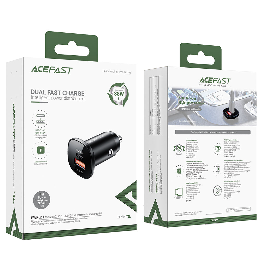 Incarcator Acefast Car (B1), Type-C, USB, Dual-Port, 38W, PD Fast Charging, with LED Light, Negru
