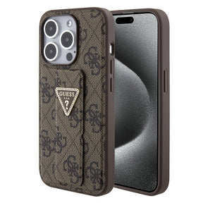 Husa de protectie Guess Grip Stand 4G Triangle Strass (GUHCP15LPGS4TDW) compatibil cu iPhone 15 Pro, Maro