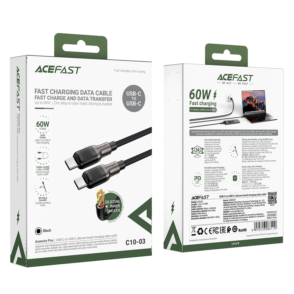 Cablu Acefast (C10-03), Type-C to Type-C, 60W, High-Speed Charging, 1.2m, Negru